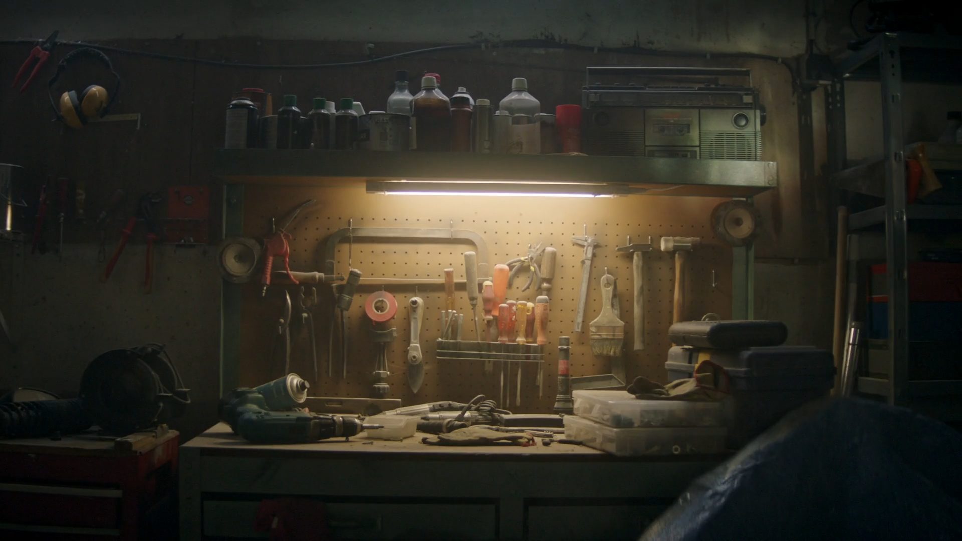 A dressed workbench under warm light